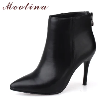 

Meotina Genuine Leather Boots Women Ankle Boots High Heel Real Leather Boots Pointed Toe Stiletto Heels Shoes Autumn Red Black