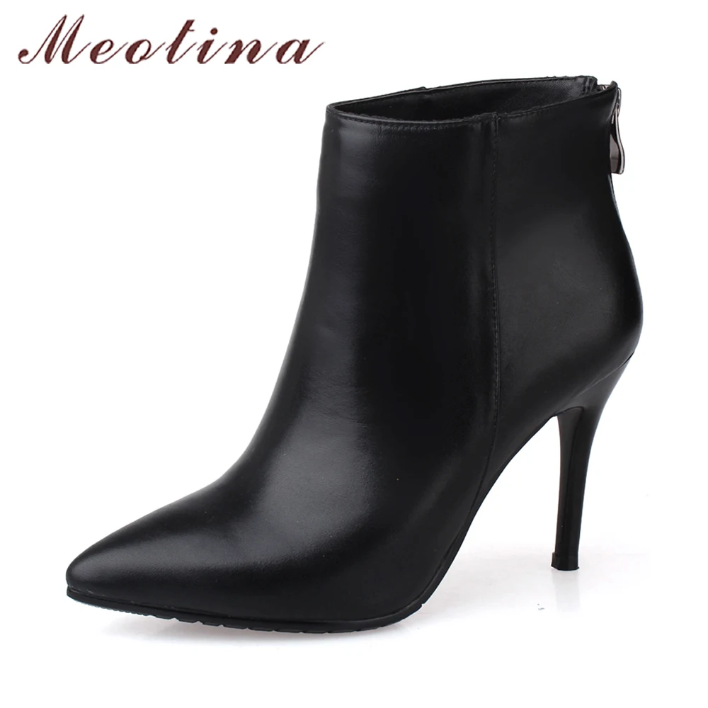 Goedkoop Meotina Lederen Laarzen Vrouwen Enkellaars Hoge Hak Real Laarzen Puntschoen Stiletto Hakken Schoenen Herfst Rood Zwart