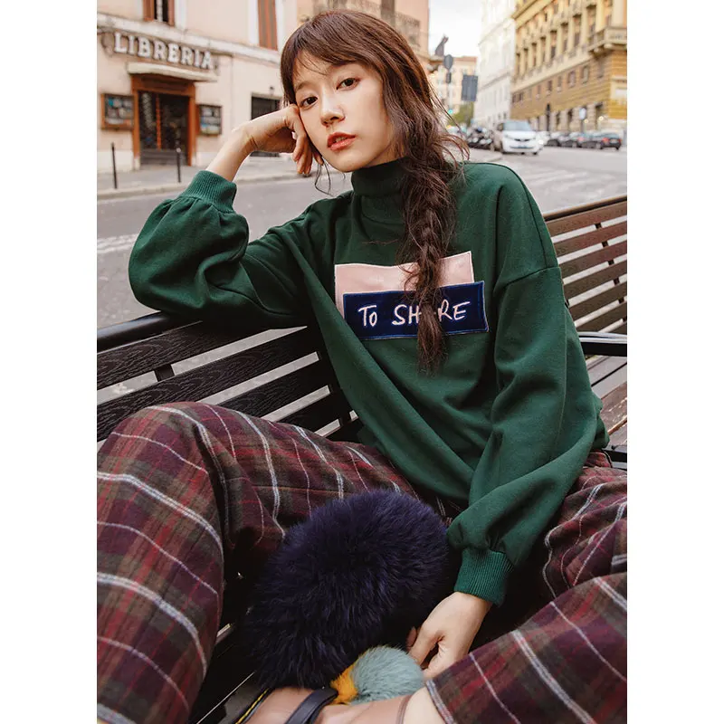  INMAN Spring Spring Autumn Printing Loose Style Turtleneck Collar Long Sleeve Women Sweatshirt