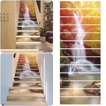

JX-LCLYL 13Pcs 3D Sunshine Waterfall Stair Risers Decor Sticker Decal Wall paper
