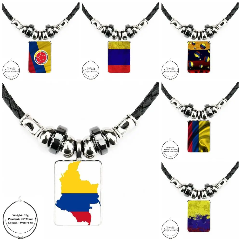 

EJ Glaze Colombia Flag For Lovers Girl Friend Best Gift Glass Necklace Statement Black Leather Bead Pendant Necklace