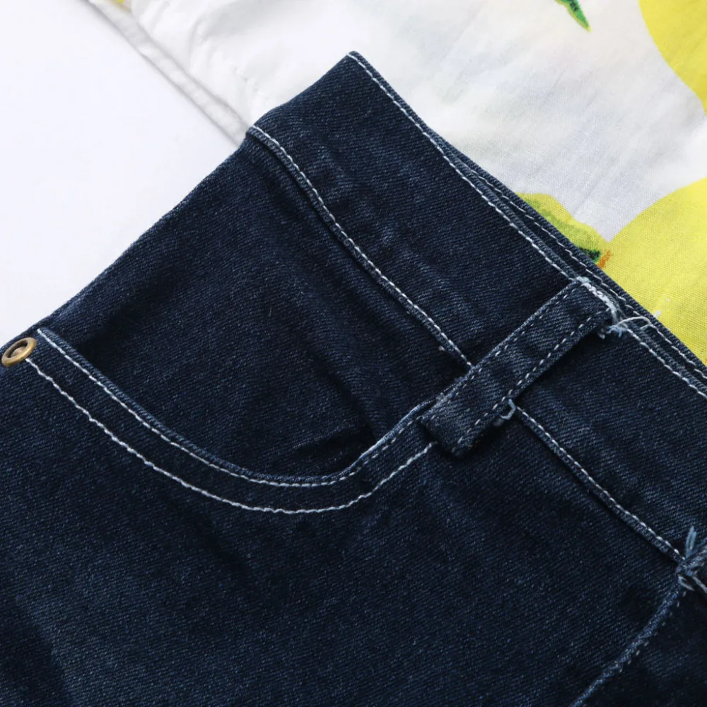 New Fashion Summer Childern Sets Toddler Baby Girls Fruits Lemon Print Ruffle Tops+Hole Denim Jean Shorts Outfits Girl Clothes