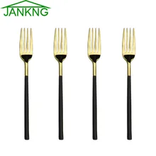 JANKNG 4 Pcs/Lot Stainless Steel Dinner Fork Flatware Set Thickness Black Handle Gold Fork for Dinner Salad Dessert Fruit Fork