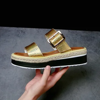 

MLJUESE 2019 women slippers Soft Cow leather summer open toe gold color buckle strap platform wedges beaches sandals party dress