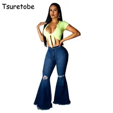 Tsuretobe moda denim alargamento calças femininas retro rasgado calças de brim perna larga senhora casual bell-bottoms flare pant feminino