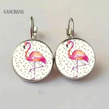 Новинка, серьги в форме фламинго, стеклянный купол, фламинго, круглые ювелирные изделия, серьги в виде животных, женские