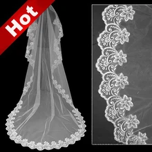 Фата, свадьба 3 мс один слой кружева край Белый слоновой кости Соборная вуаль Длинная фата невесты Недорогие свадебные аксессуары Veu de Noiva