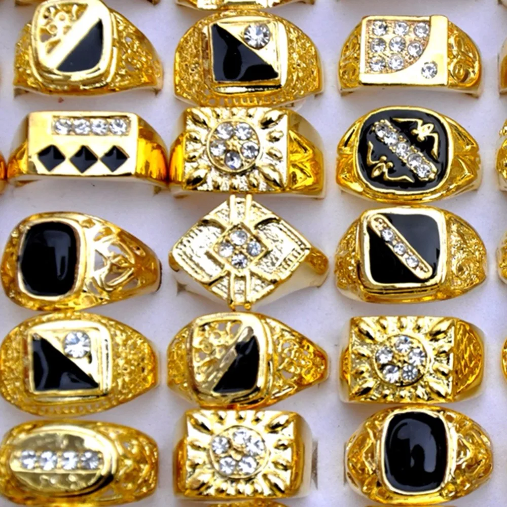 AOMU 10 шт./лот, Ретро стиль, классические Стразы золотого цвета с кристаллами, металлическое кольцо, мужские широкие кольца, свадебные кольца, вечерние ювелирные изделия для мужчин