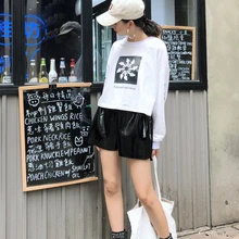 Уличная волнистая брендовая короткая футболка с высокой талией, женская одежда с принтом, круглый воротник, длинный рукав, свободный