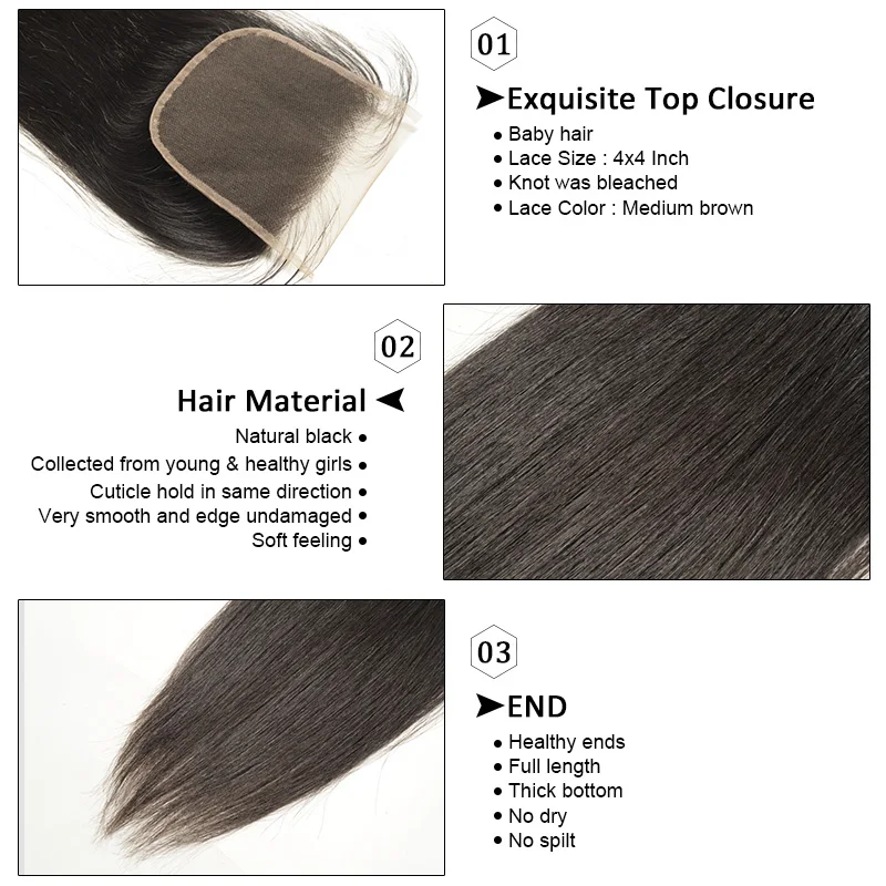 [FYNHA] Indian Virgin Straight Hair Weave 3 Bundles With Lace Closure Human Hair Extensions