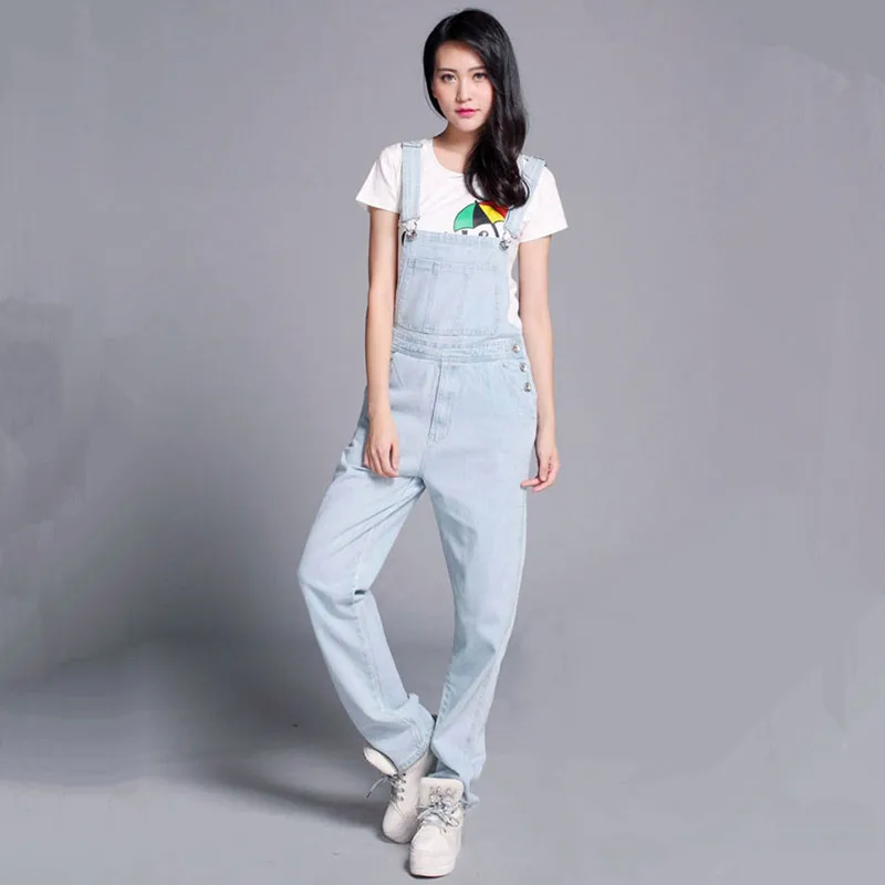 Free Shipping 2021 Fashion Light Blue Denim Bib Pants Loose Plus Size Casual Spaghetti Strap Pants Vintage One Piece Trousers