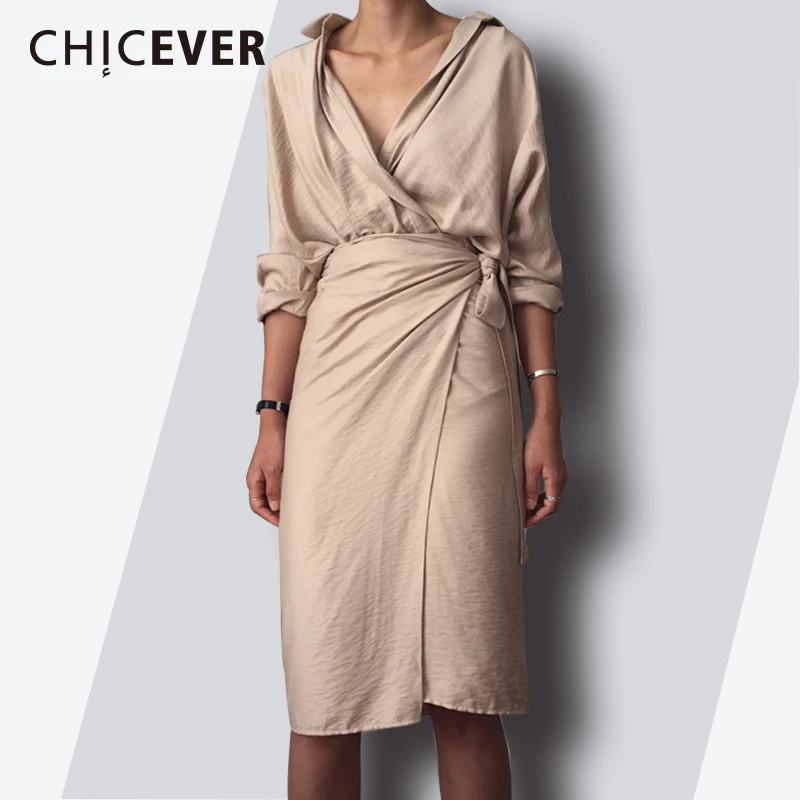 Beste CHICEVER 2018 Lente Mode Vrouwen Jurk Sexy V hals Slanke Hem Split Casual Temperament Bandage Jurken Vrouwelijke Kleding Nieuwe