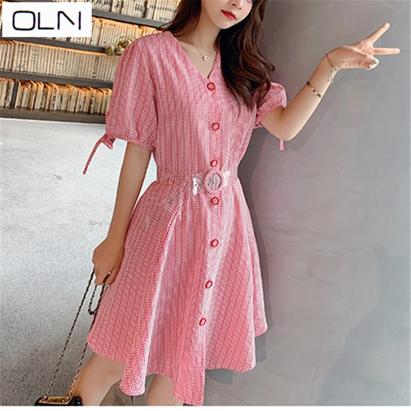 

dress Korean vestidos summer new arrival OLN Beach seaside Plaid waist slim single-breasted fashion high waist dress