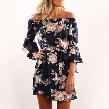 Mujeres vestido de gasa 2019 verano Sexy de hombro estampado Floral Boho playa vestido de fiesta Vestidos de fiesta de talla grande 3XL(China)