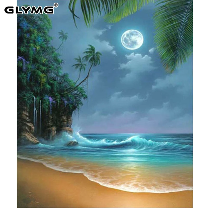 GLymg Diamond Embroidery Diy Seaside Night View Diamond Painting Cross Stitch Full Drill Square Wall Stickers Living Decoration