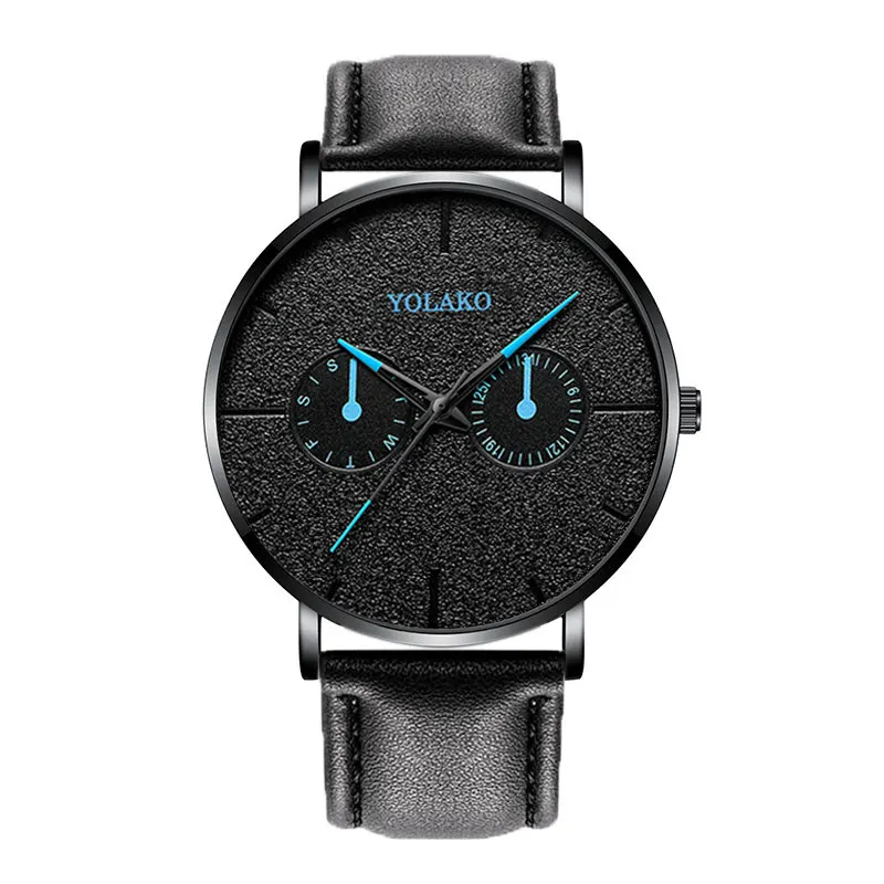 Casual Leather New Watch Blue Pointer Belt Quartz Fashion Mens Watch Yolako Male WriststWatch Clock Relogio Masculino - Color: BlackBlue