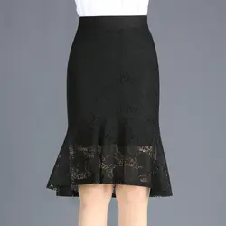 Элегантные кружевные миди юбки для девочек, лето 2019, Офисная Женская юбка с рюшами, с вырезом на спине, с цветочным принтом, кружевная юбка