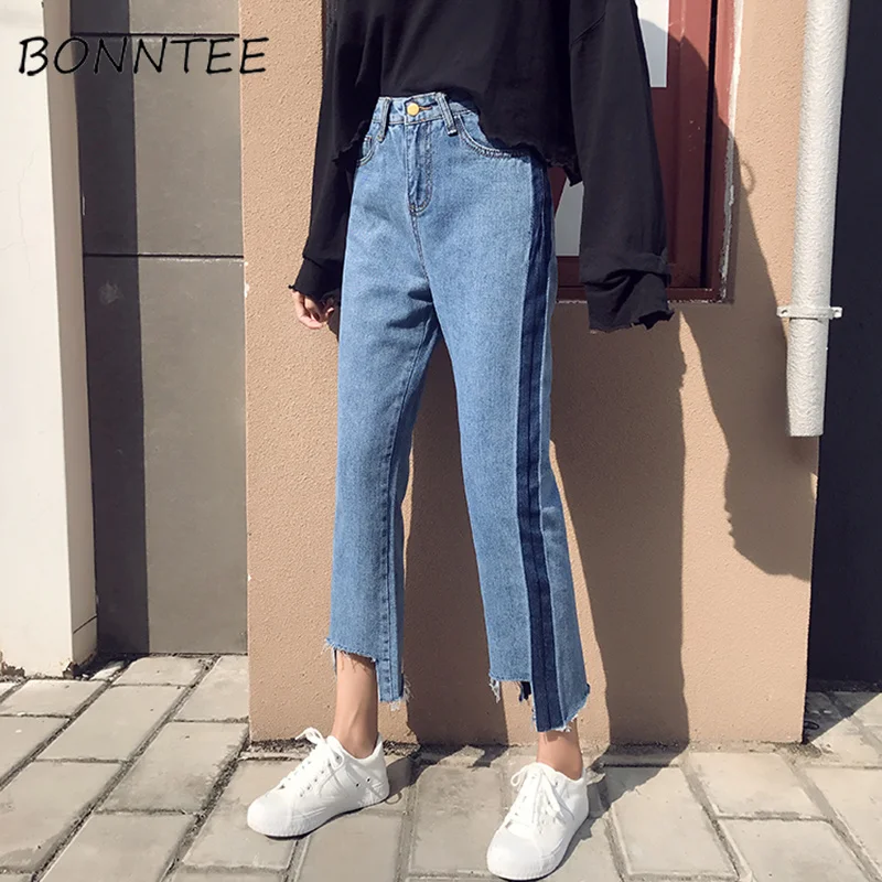 

Jeans Women Striped Retro Loose Straight Pants Womens Ankle-length All-match Simple Pockets Student Patchwork High Waist Leisure