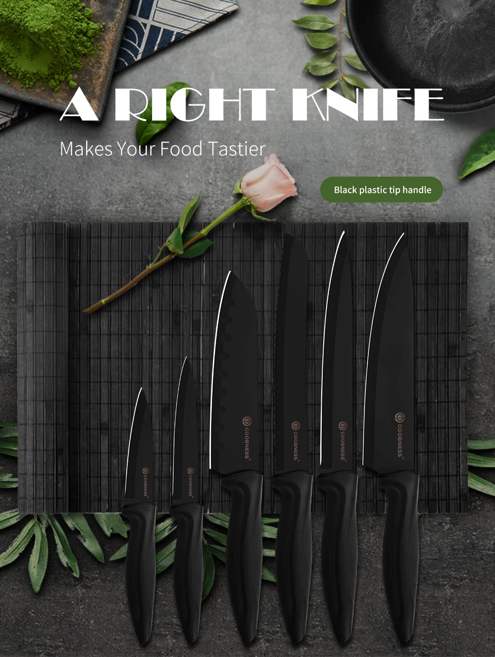 Кухонные ножи COOBNESS, профессиональный нож шеф-повара, нож Santoku, овощерезка, ножи, слайсер для нарезки сосисок, 3Cr13, стальные Черные ножи, наборы