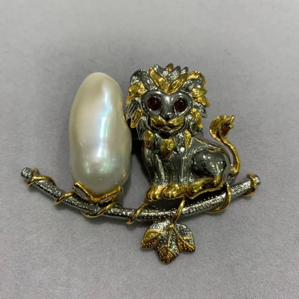 

baroque natural fresh water pearl brooch & pendant double use animal lion 925 sterling silver vintage only 1 piece fine