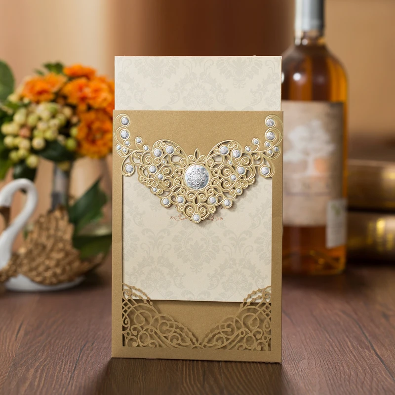  50pcs Red Gold Laser Cut Crown Flora Wedding Invitations Card Greeting Cards Customize Wedding Deco - 32882934142