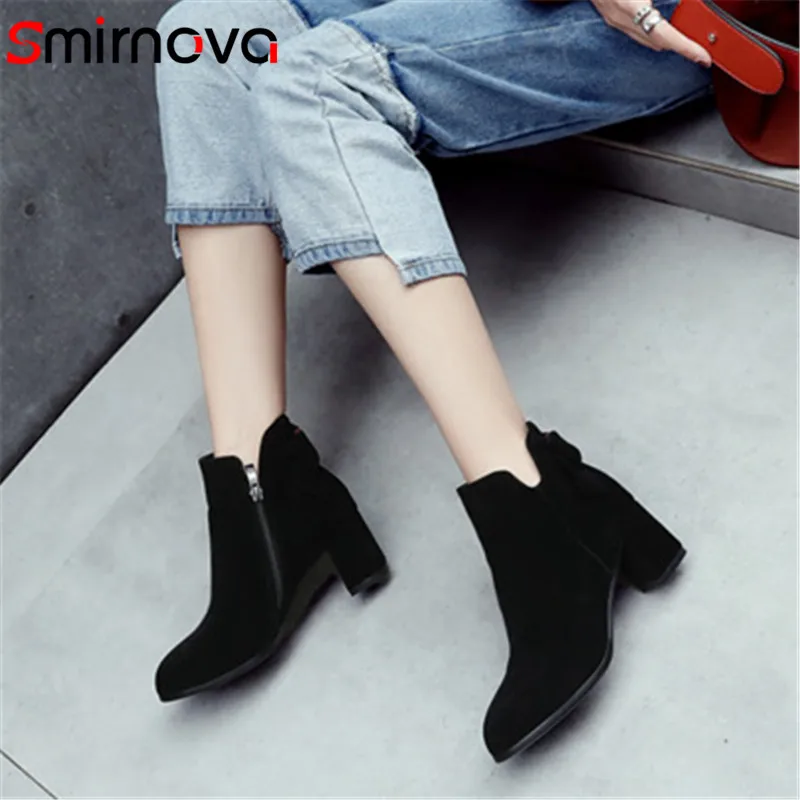 

Smirnova 2020 NEW big size shoes black zipper woman boots high heel casual thick heels ladies ankle boots flock boots winter