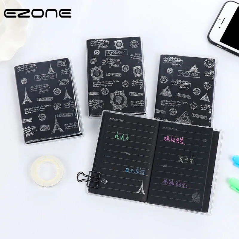 

EZONE Creative Notebook Black Cardboard Note Book Cute Printed Eiffe Tower/Bus/Triangle Cover Mini Notepad School Office Supply