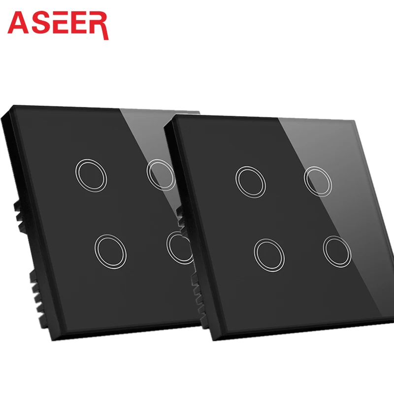

ASEER,UK Standard 4 gang 2 way Double Control Switches 1000W,Crystal Tempered Glass Panel Intermediate Smart Light Switch 2 way