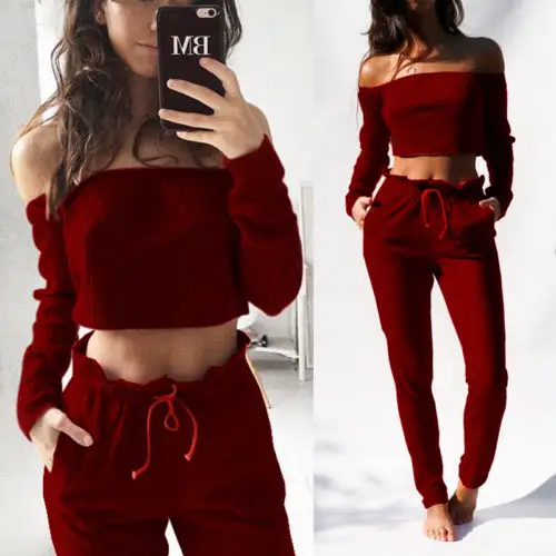 

Women Crop Top Blouse Pants Two-piece Playsuit Bodysuit Jumpsuit Romper Set Ladies Womens Off Shoulder Jumpsuits