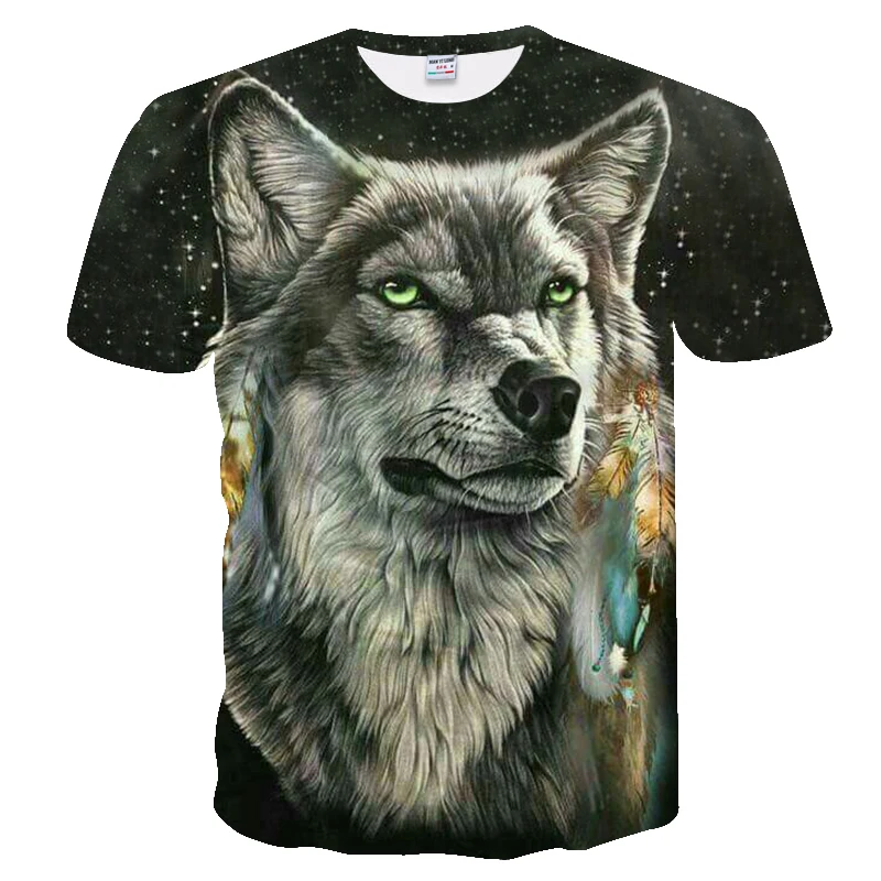Летняя новая мужская футболка брендовая с коротким рукавом персонализированная 3D звездное небо балдахин флуоресцентный волк новинка футболка классная футболка