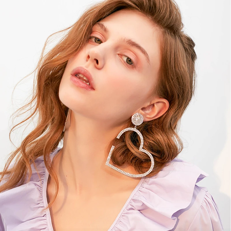 

Large Heart Shape Drop Earrings for Women Rhinestone Earrings Big SIZE Crystal GIRL Earrings Bridal Wedding Jewelry Gifts 10*7cm