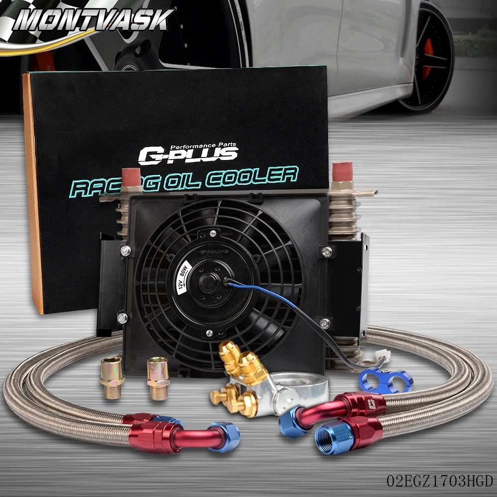 Universal 15 Row Thermostat Adaptor Engine Transmission 10AN Oil Cooler+ 7" Fanin Oil Coolers