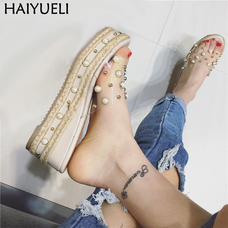 

Sandales Femme Ladies Pearl Sandals Summer Rope Weaving Platform Slippers Casual Wedge Sandals Beach Slippers Leisure High Heels