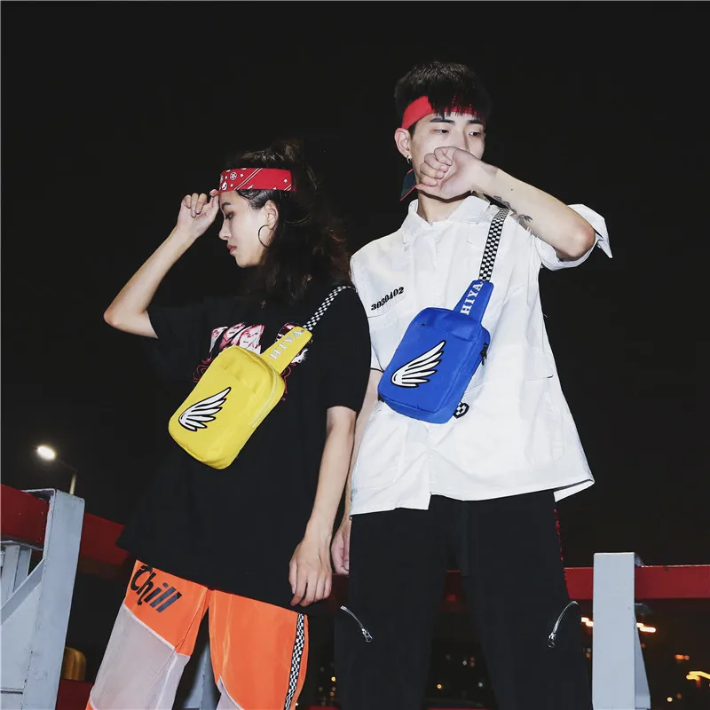 

New wings printing Oxford couple chest bag black white grid outdoor shoulder bag mini cute small bag unisex cool disco bag