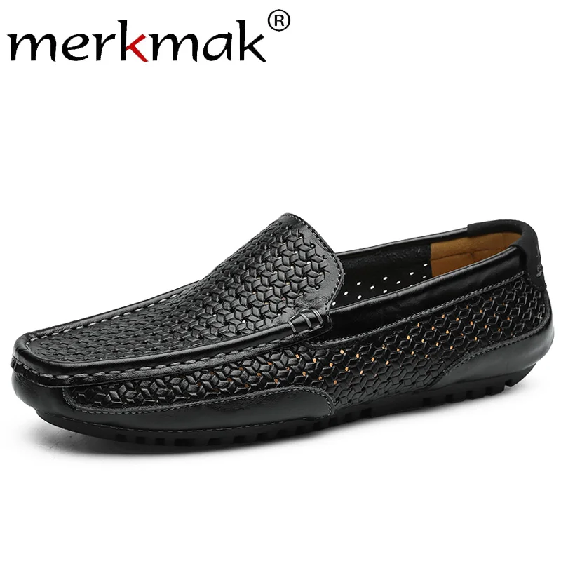 

Merkmak Summer Men Loafers Weaving Hollow Leather Shoes Slip On Breathable Casual Men's Dress Shoes Soft Non-slip Man's Flat