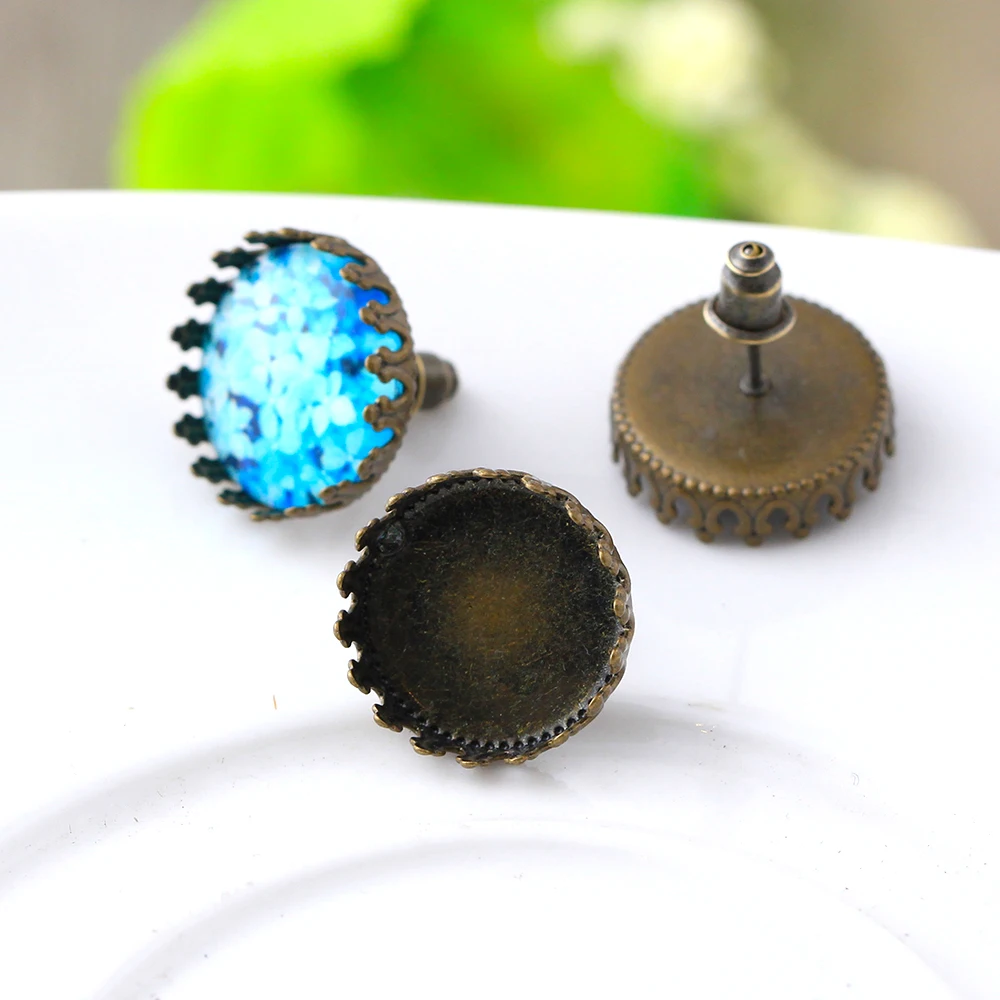 15mm 20pcs Antique Bronze Plated Copper Crown Ear Studs Earring