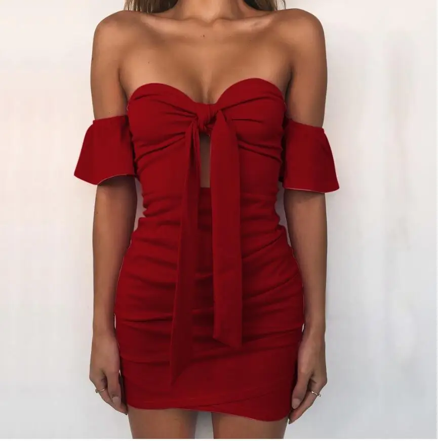 

Off Shoulder Strapless Sexy Ruched Summer Dress Women Bow Knot Backless Mini Dress Short Sleeve Bodycon Bandage Dresses