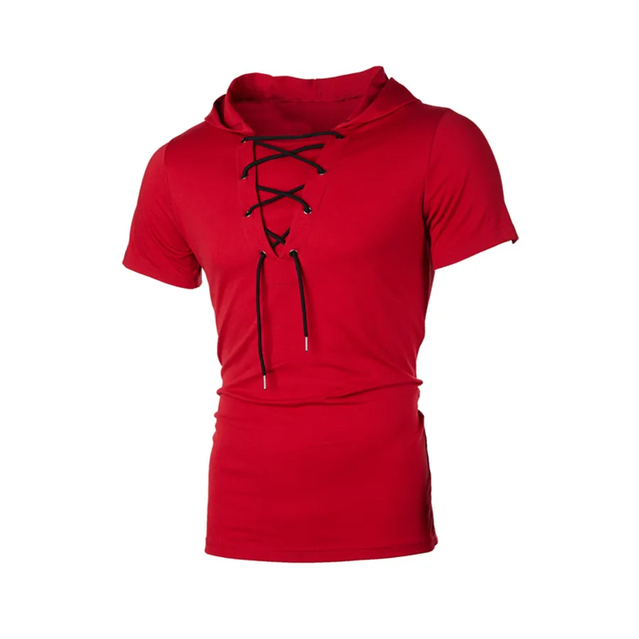 Мужские облегающие крутые хип-хоп рубашки с коротким рукавом и капюшоном, топы с капюшоном, свитер с капюшоном, повседневная спортивная Базовая футболка, летняя Новинка - Цвет: Red
