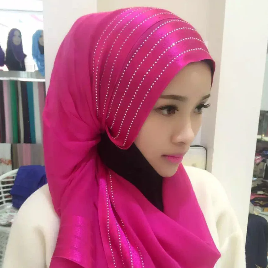 Muslim Headscarves Rhinestone Strip Hijab Cutton Muslima Shawl Islamic