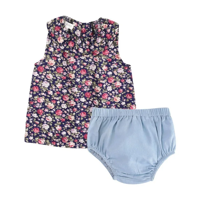 

New Arrive Sleeveless Tops Triangle Shorts + 2 Piece Baby Girl Set Blue Floral Pattern Baby Girl Clothes Set 2019 Hot Sale