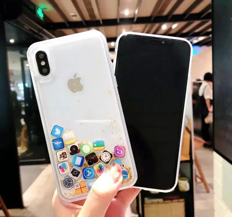 Para iPhone 8 líquido duro de la PC de la carcasa del teléfono para iPhone 6 iPhone 6 6 S 7 8 Plus X XS X XR funda con icono de aplicación bonita cubierta de arena movediza MAX