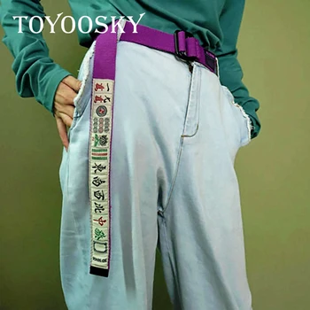 

2018 Harajuku Design Men Women Hip Hop Streetwear Purple Chinese Mahjong Letter Women Belt Canvas Women Waistband Belts TOYOOSKY