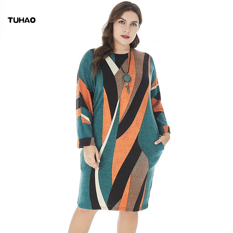 

TUHAO 2018 Fall Winter Woman Elegant Dresses Big Sizes Women Long Sleeve Dress Plus Size 6XL 5XL 4XL Robe Knit Dress ZPZ
