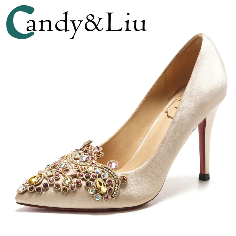 Wedding Shoes Female Champagne Color Satin Material 2018 Pointed