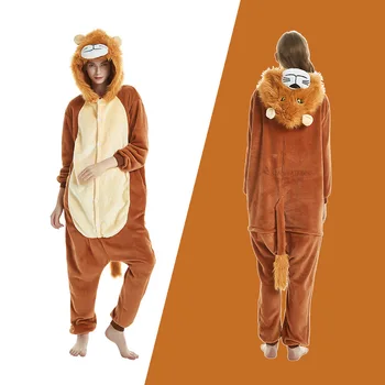 

JINUO 2018 Winter Flannel Cartoon Animals Lion Tiger Unisex Adult Pajamas Sets Flannel Sleepwear Suit Homewear