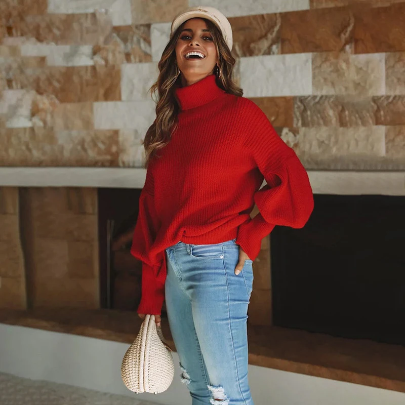 Cotton Knitted Solid Sweaters Turtleneck Pullover Women Autumn 2018 Winter Lantern Sleeve Sexy Jumper Female Sweater High Neck