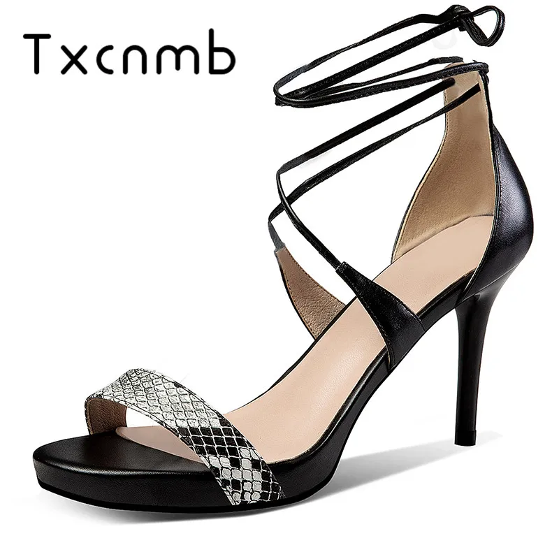 

TXCNMB 2019 New thin High Heels Genuine leather Sandals Women Cross Strappy Summer Genuine Leather Shoes Woman Wedding Shoes