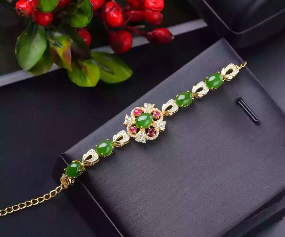 Bracelet en jaspe vert naturel Bracelet en pierres précieuses naturelles 925 bracelet en argent fle