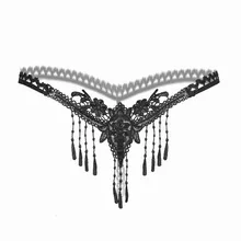 Женские сексуальные стринги с открытой промежностью с жемчужной кисточкой, кружевные трусики, трусики-стринги, эротическое нижнее белье