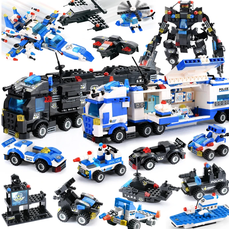 Comprar 825 + Uds. LegoING ciudad policía bloques de construcción 8 en 1 6 en 1 Robot helicóptero estación de policía bloques de figuras DIY ladrillos niños Juguetes